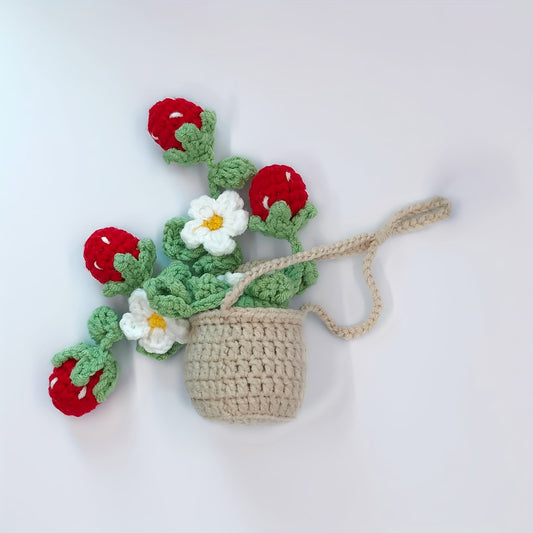 Handmade Strawberry Car Mirror Hanging Decoration - with Red Berries, Green Leaves - No-Drill Installation, Adjustable Rope -