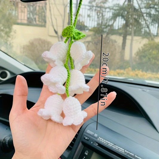Hand-Knit Bellflower Car Rearview Mirror Hanging Ornament �Cute Crochet DIY Decor, Colorful Floral Design with Green Leaves and Yellow Centers, Ideal for Vehicle Interior & Home Decoration, Charming Gift Idea