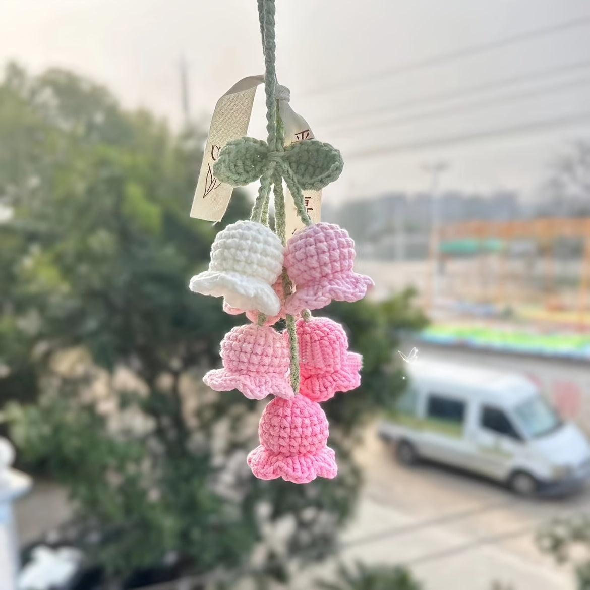 Hand-Knit Bellflower Car Rearview Mirror Hanging Ornament â€?Cute Crochet DIY Decor, Colorful Floral Design with Green Leaves and Yellow Centers, Ideal for Vehicle Interior & Home Decoration, Charming Gift Idea