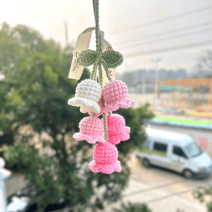 Hand-Knit Bellflower Car Rearview Mirror Hanging Ornament â€?Cute Crochet DIY Decor, Colorful Floral Design with Green Leaves and Yellow Centers, Ideal for Vehicle Interior & Home Decoration, Charming Gift Idea