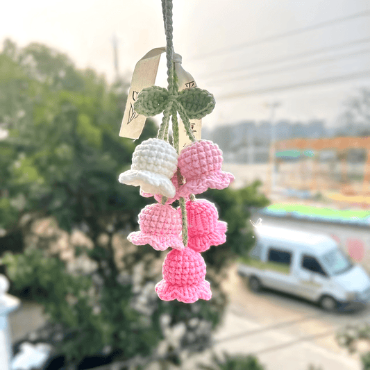 Hand-Knit Bellflower Car Rearview Mirror Hanging Ornament â€?Cute Crochet DIY Decor, Colorful Floral Design with Green Leaves and Yellow Centers, Ideal for Vehicle Interior & Home Decoration, Charming Gift Idea
