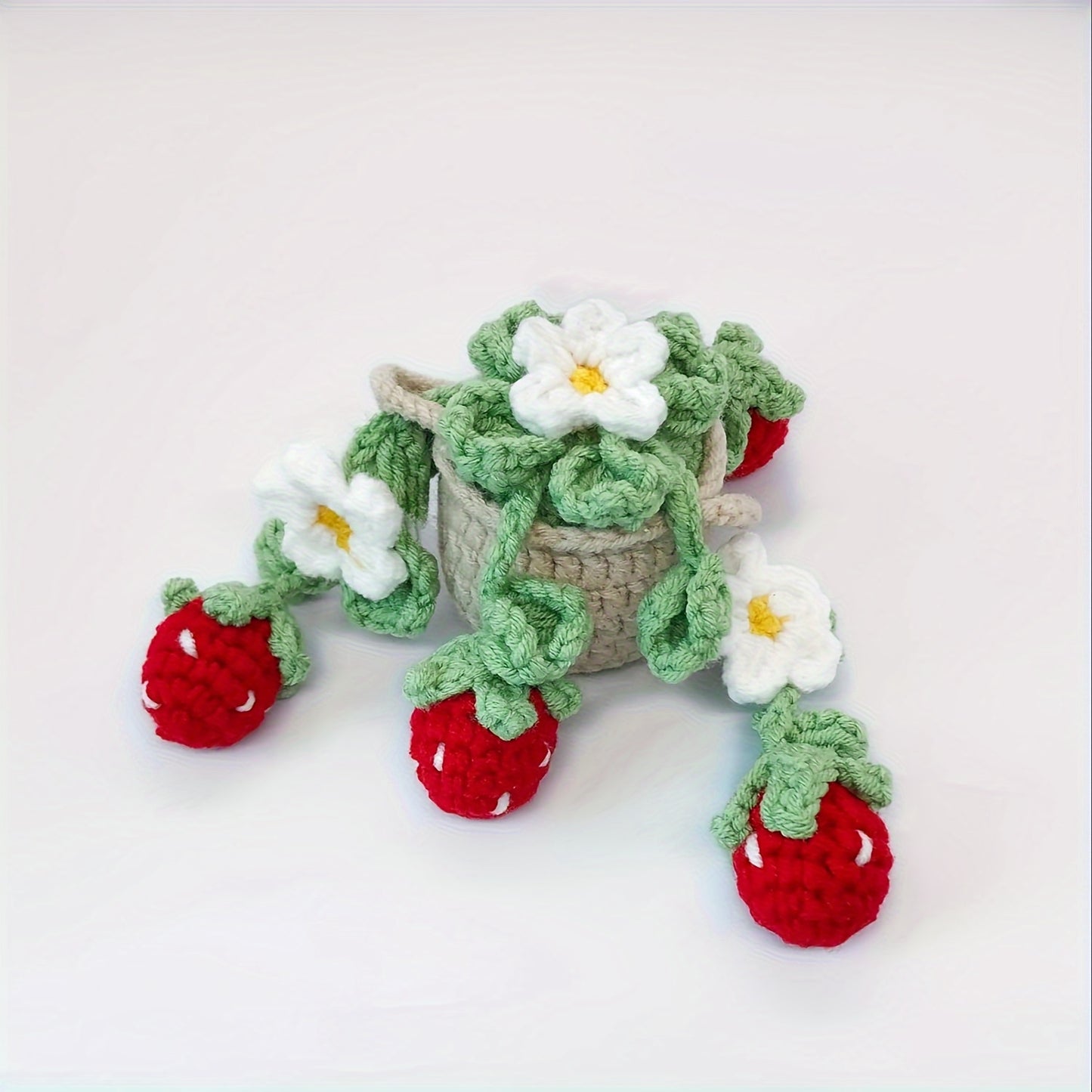 Handmade Strawberry Car Mirror Hanging Decoration - with Red Berries, Green Leaves - No-Drill Installation, Adjustable Rope -